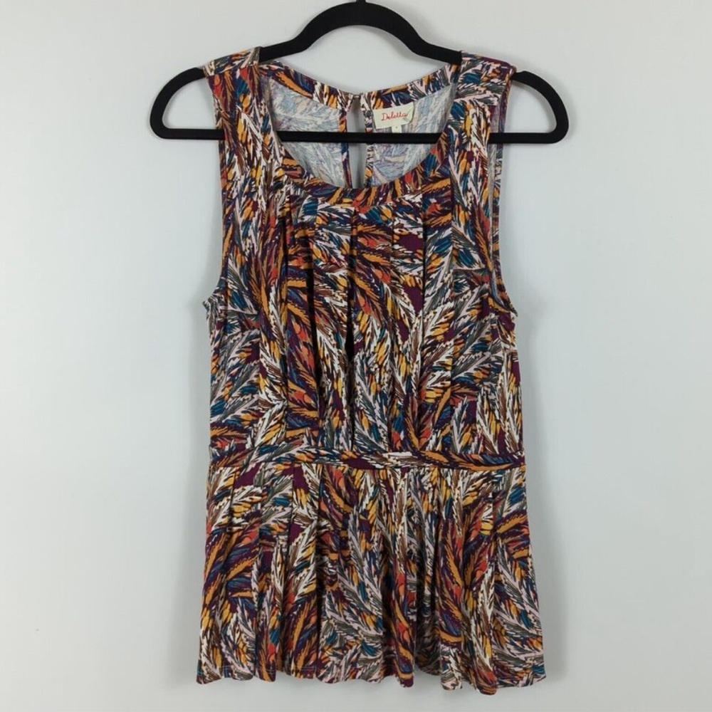 DELETTA ANTHROPOLOGIE Corbara Peplum Tank Colorful Feather Print Women's Medium